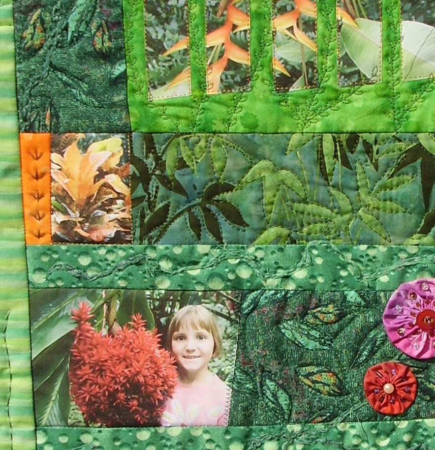 Quilt souvenir "Jardin tropical", détail de photo imprimée sur tissu. France Buyle 2008.