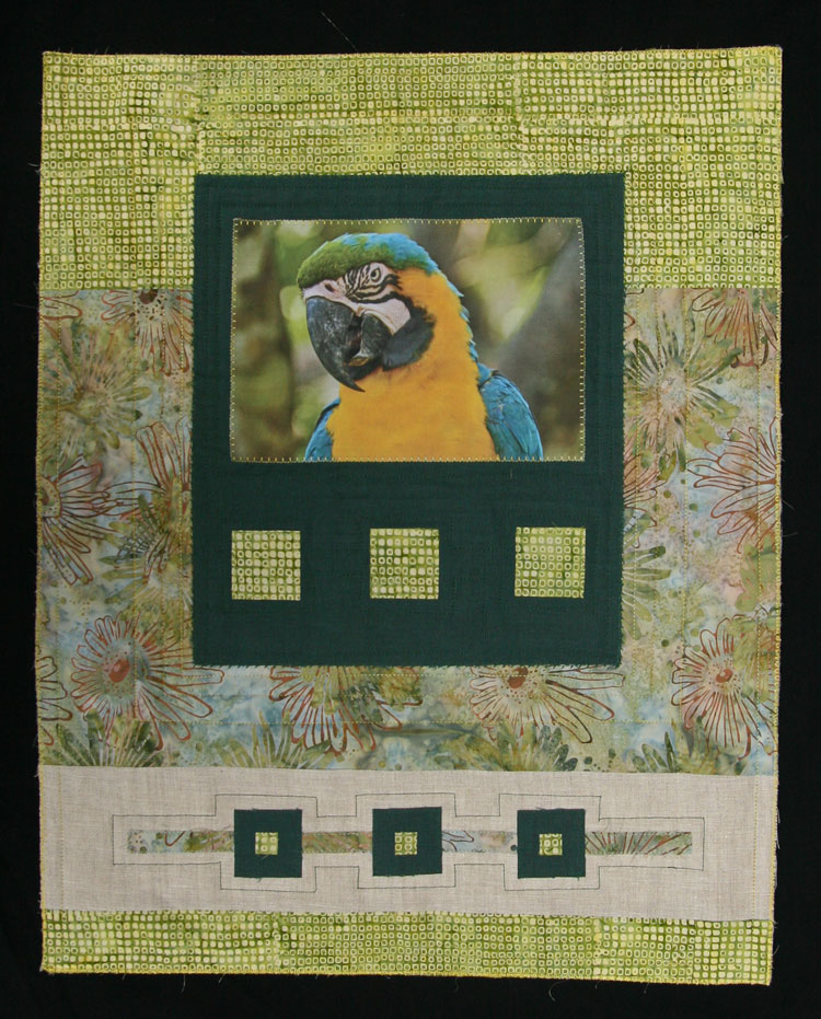 mini patchwork con foto de pájaro papagayo impresa en tela